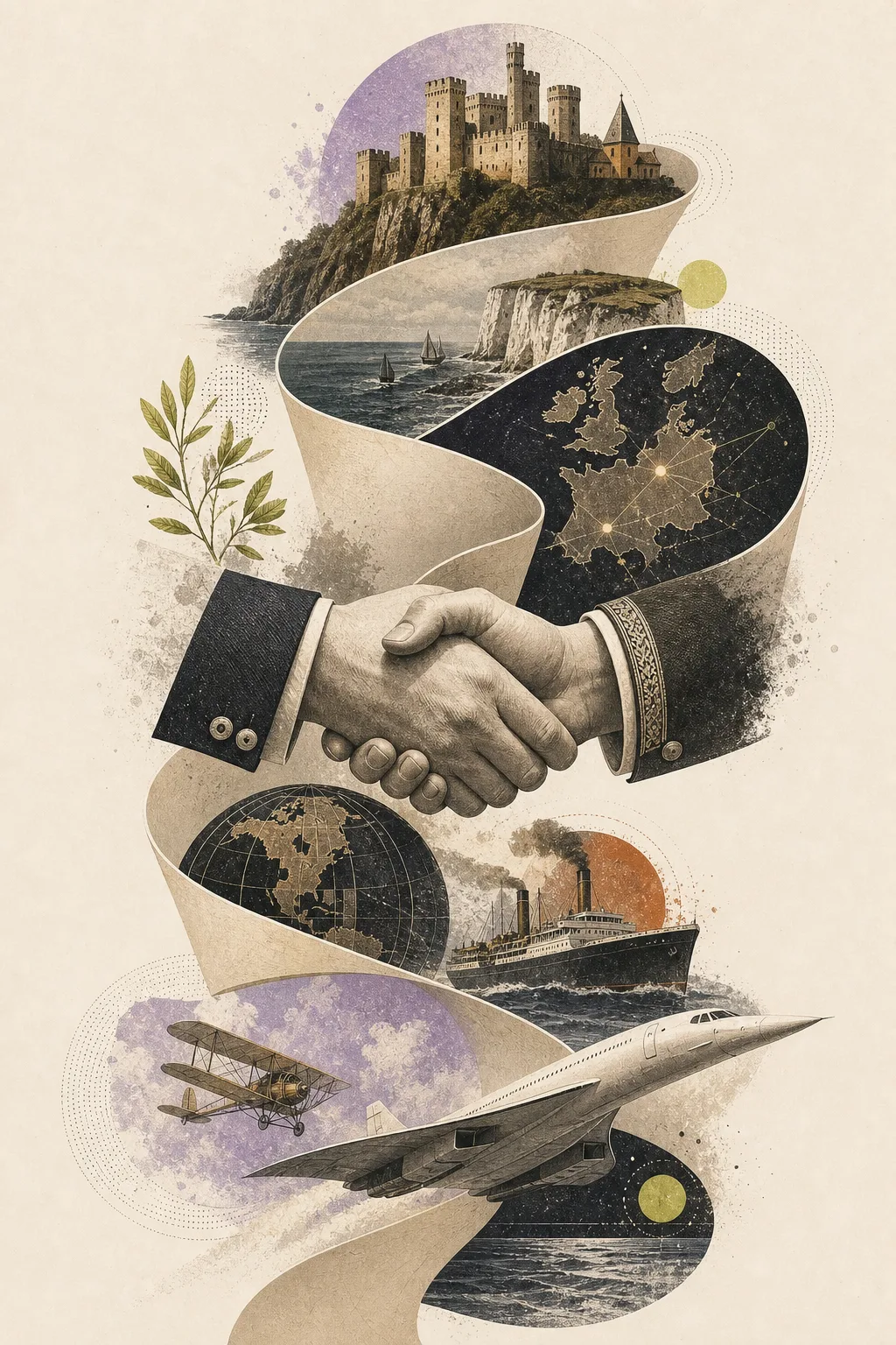 Illustrated diplomatic handshake over a map of Britain and France