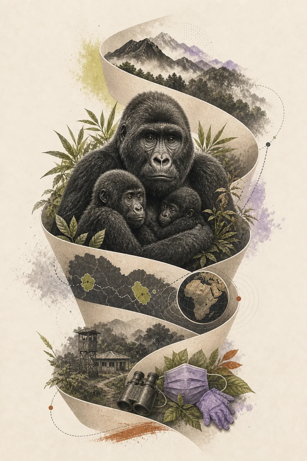 Illustrated mountain gorilla family in a misty mountain forest