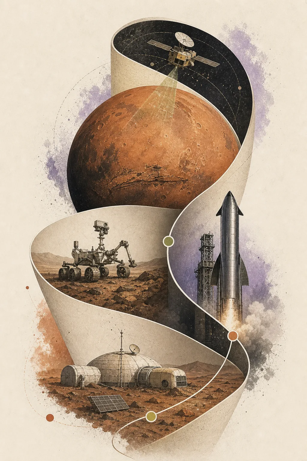 Illustrated Mars landscape with rovers, astronaut and ascending rocket