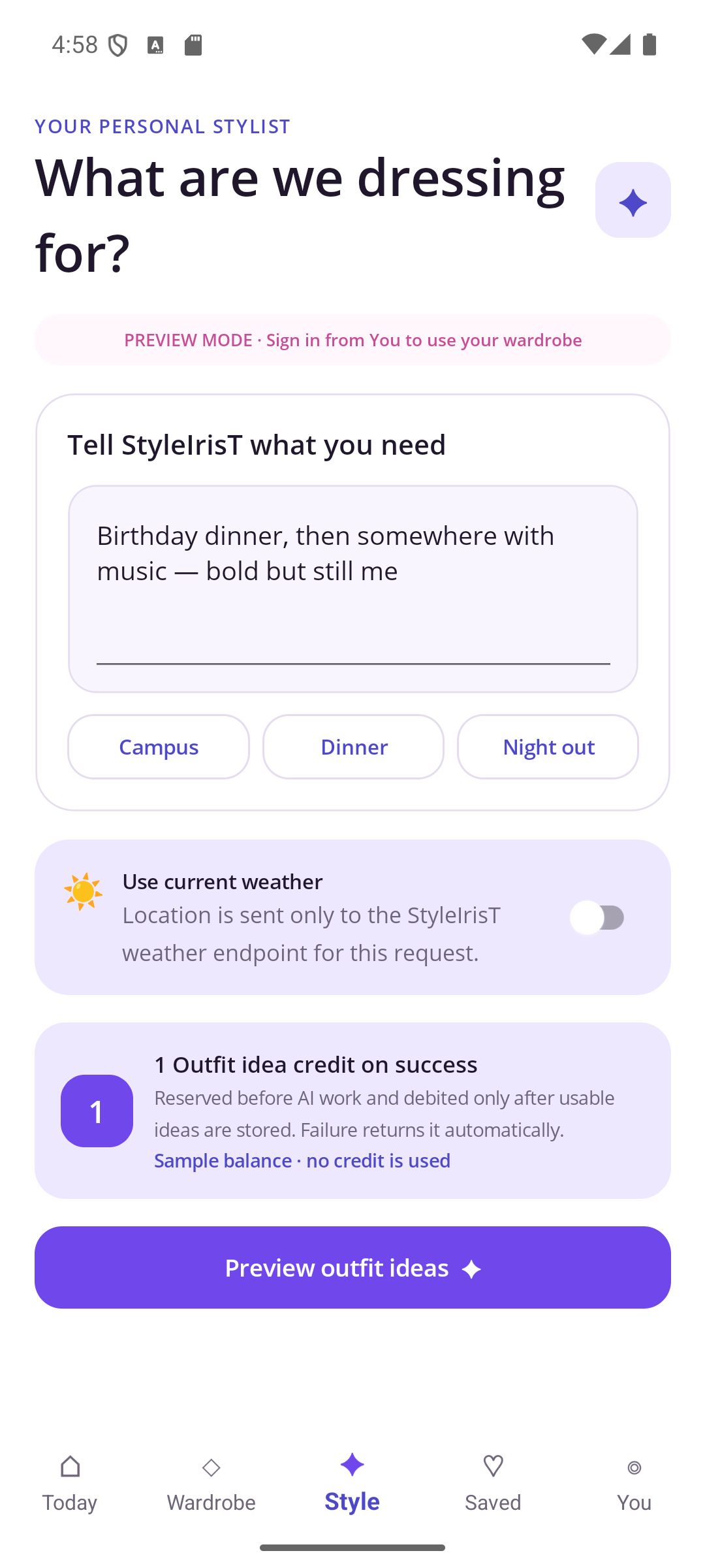 StyleIrisT styling request screen captured from Android