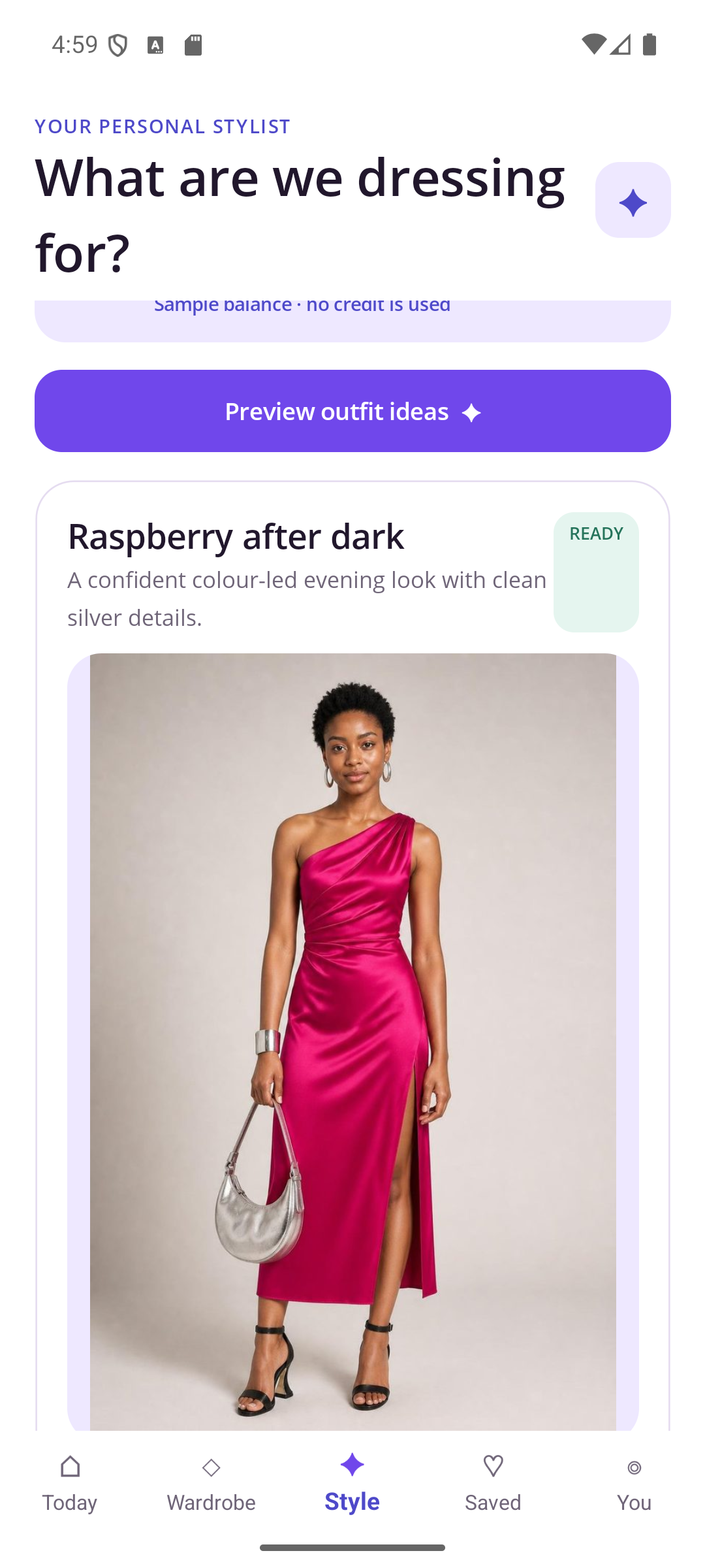 StyleIrisT outfit result captured from the Android app using a fictional model