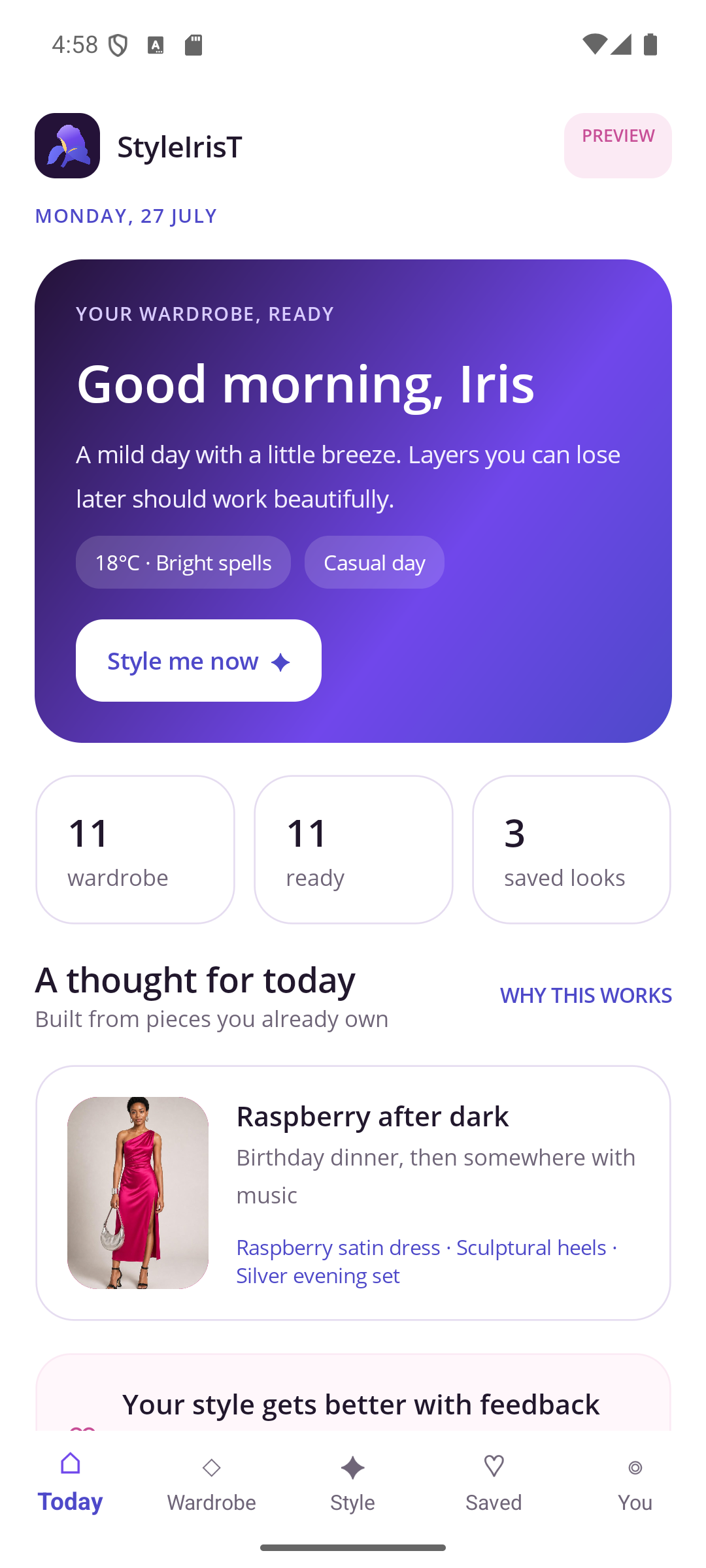 StyleIrisT Today screen showing a fictional outfit suggestion