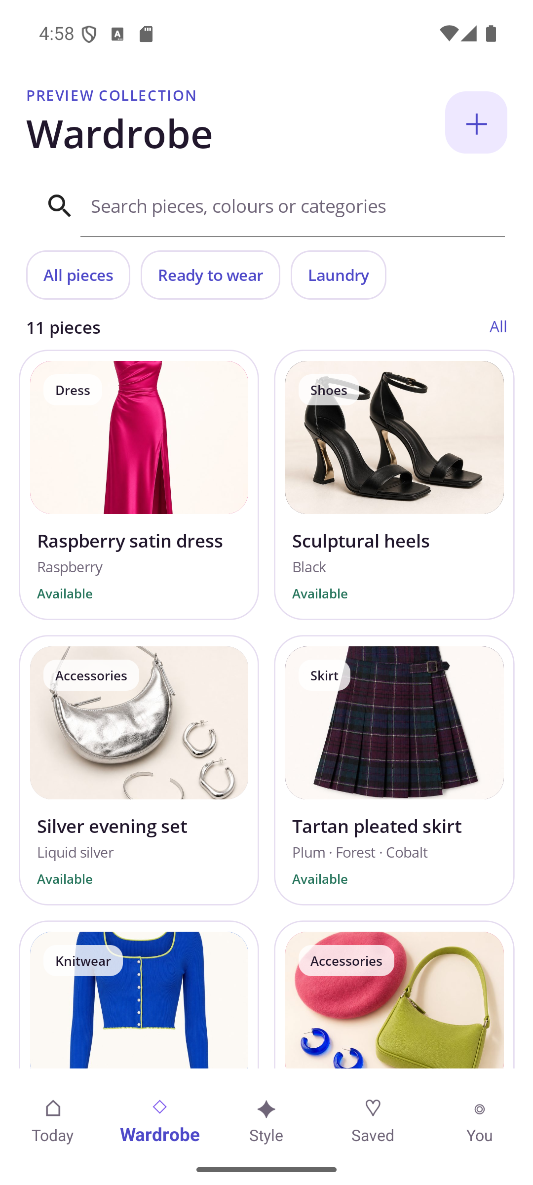 StyleIrisT wardrobe screen showing a fictional preview collection