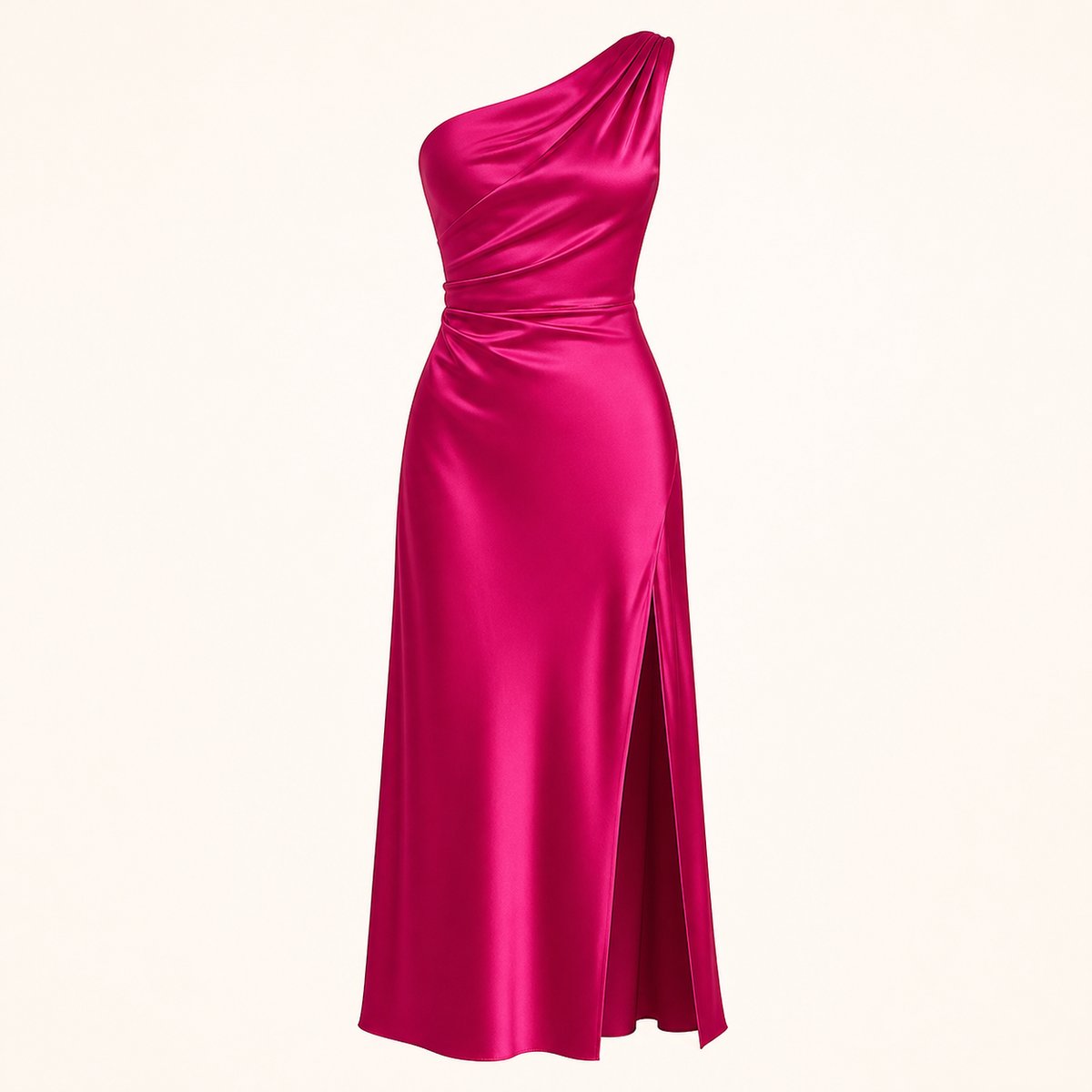 Synthetic raspberry one-shoulder satin dress